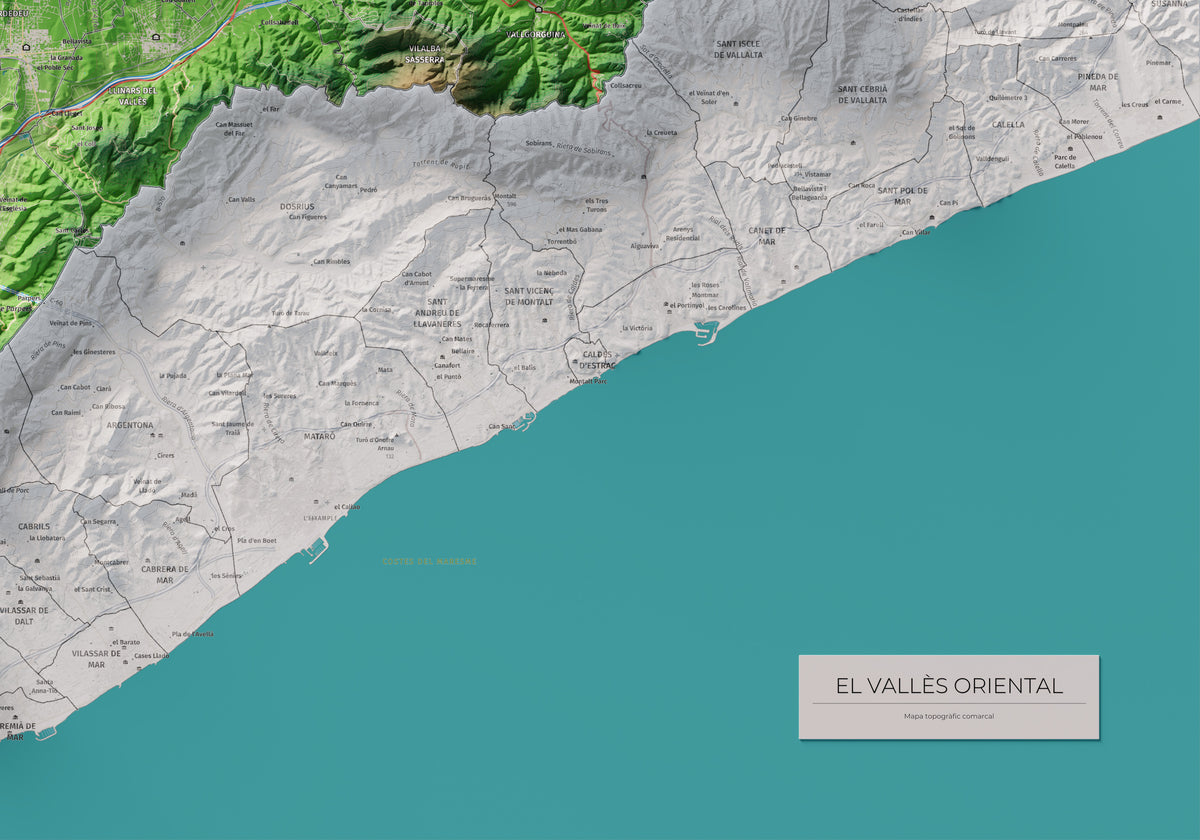 Mapa de relieve del Vallès Oriental, con el territorio en color y el entorno en blanco. Detalle de la zona inferior derecha. 70 × 100 cm. Estilo Clásico.