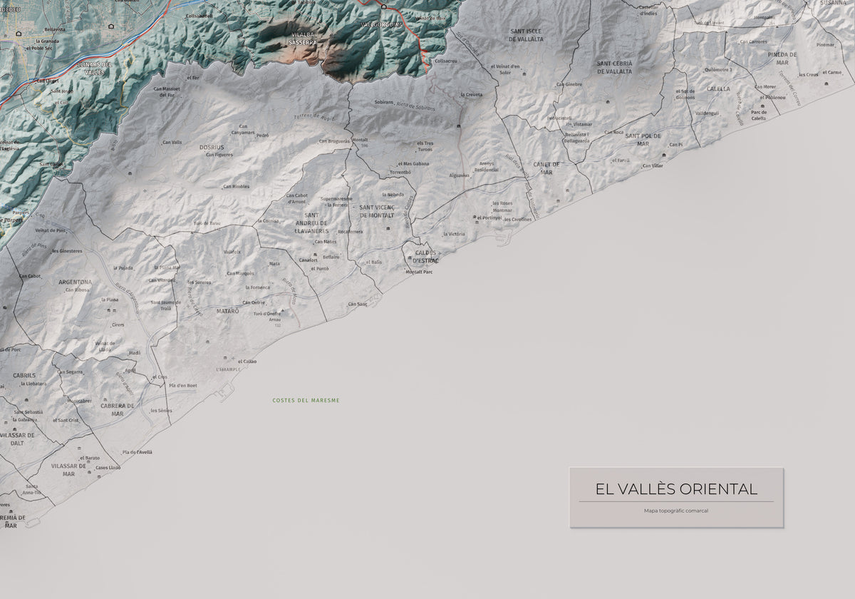 Mapa de relieve del Vallès Oriental, con el territorio en color y el entorno en blanco. Detalle de la zona inferior derecha. 70 × 100 cm. Estilo Azul y naranja.