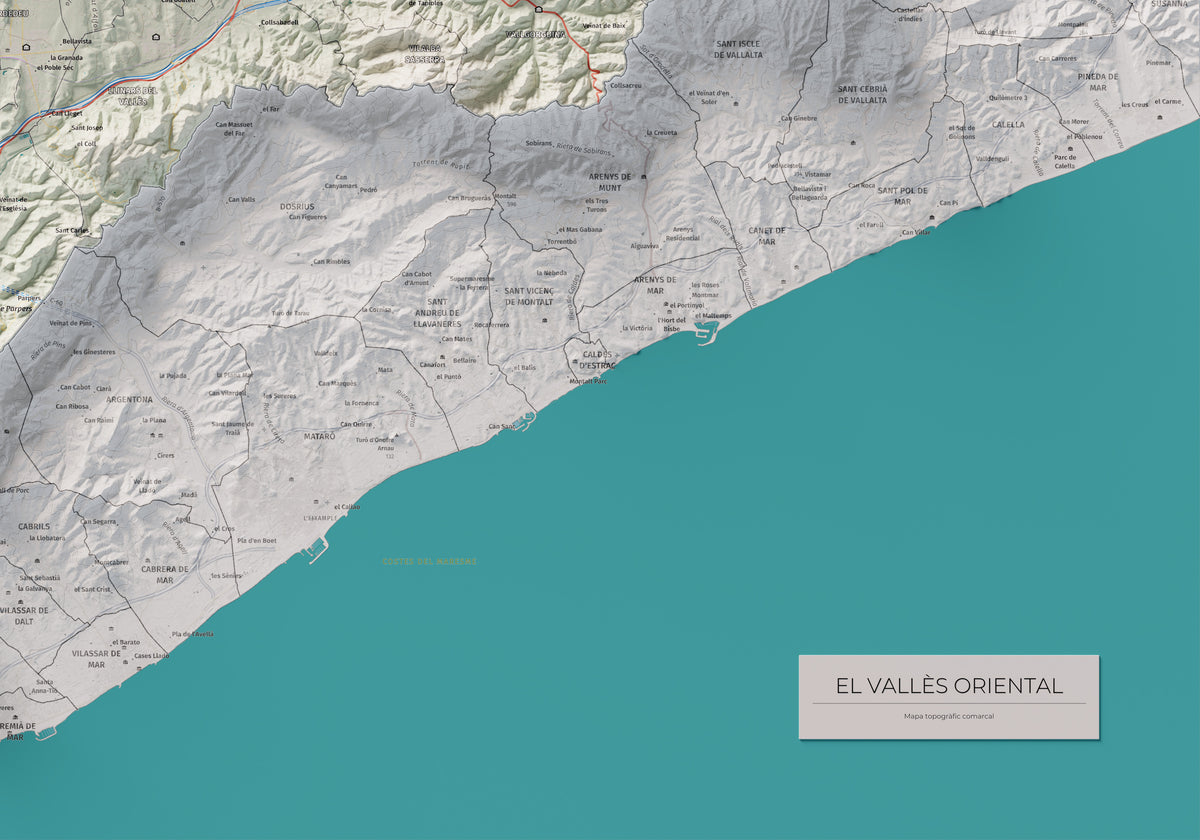 Mapa de relieve del Vallès Oriental, con el territorio en color y el entorno en blanco. Detalle de la zona inferior derecha. 70 × 100 cm. Estilo Cartográfico.