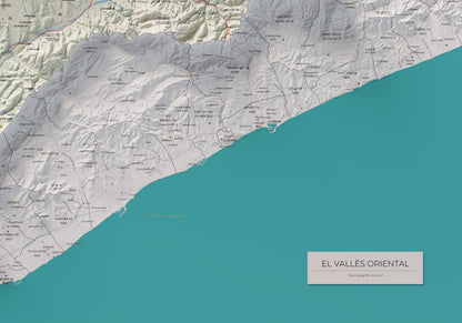Mapa de relieve del Vallès Oriental, con el territorio en color y el entorno en blanco. Detalle de la zona inferior derecha. 70 × 100 cm. Estilo Cartográfico.