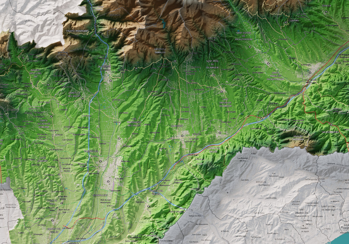 Mapa de relieve del Vallès Oriental, con el territorio en color y el entorno en blanco. Detalle de la zona central. 70 × 100 cm. Estilo Clásico.