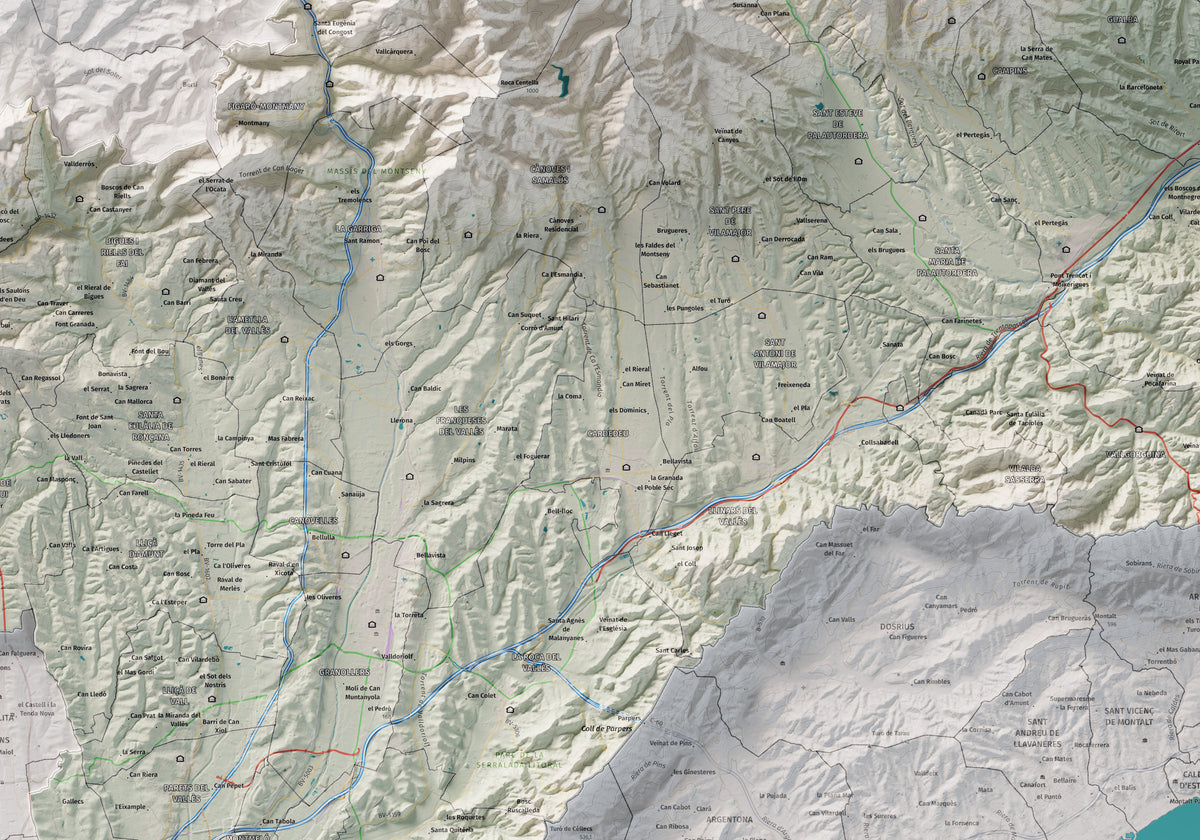 Mapa de relieve del Vallès Oriental, con el territorio en color y el entorno en blanco. Detalle de la zona central. 70 × 100 cm. Estilo Cartográfico.