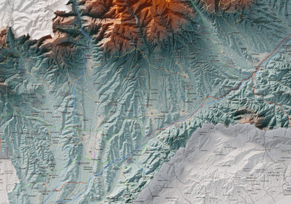 Mapa de relieve del Vallès Oriental, con el territorio en color y el entorno en blanco. Detalle de la zona central. 70 × 100 cm. Estilo Azul y naranja.