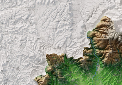 Mapa de relieve del Vallès Oriental, con el territorio en color y el entorno en blanco. Detalle de la zona superior izquierda. 70 × 100 cm. Estilo Clásico.