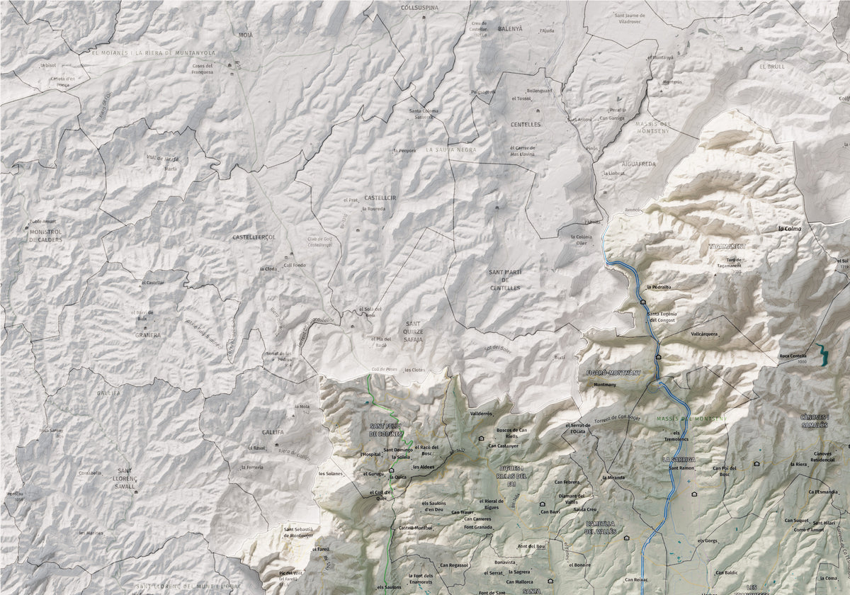 Mapa de relieve del Vallès Oriental, con el territorio en color y el entorno en blanco. Detalle de la zona superior izquierda. 70 × 100 cm. Estilo Cartográfico.