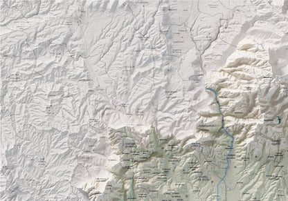 Mapa de relieve del Vallès Oriental, con el territorio en color y el entorno en blanco. Detalle de la zona superior izquierda. 70 × 100 cm. Estilo Cartográfico.
