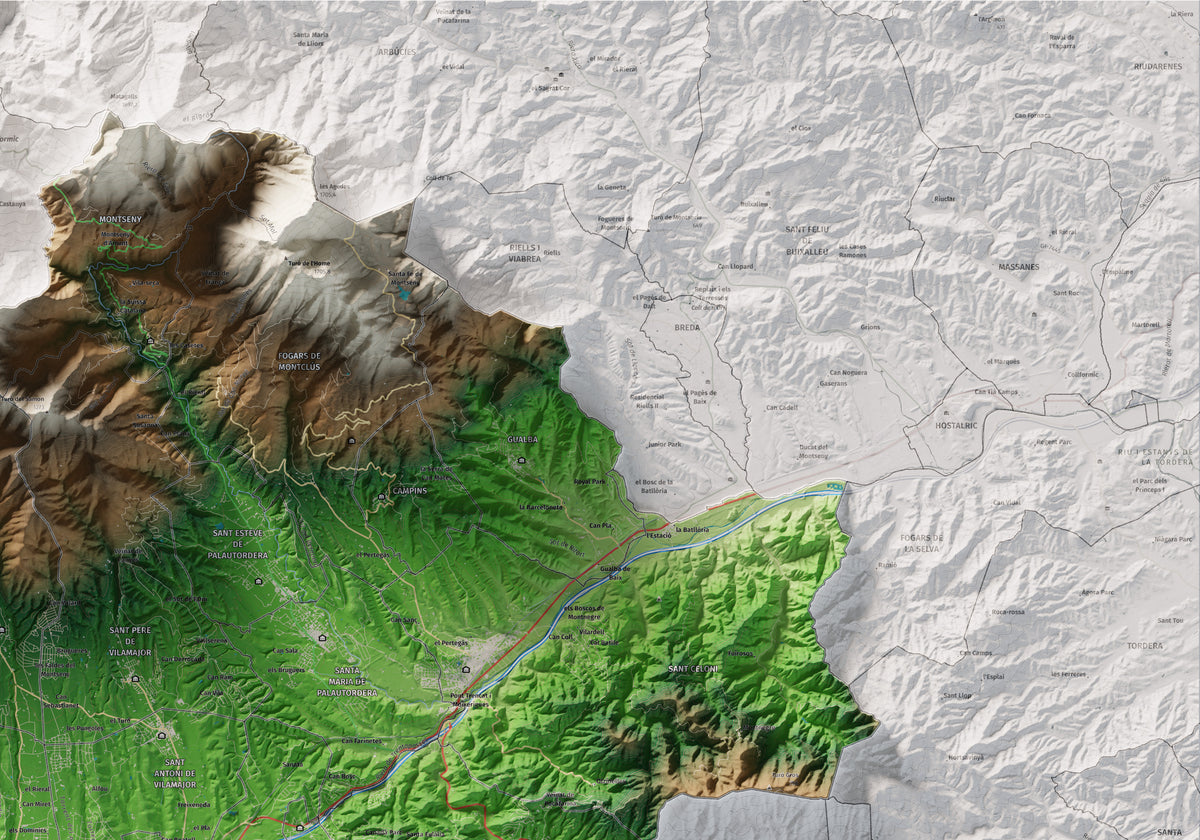 Mapa de relieve del Vallès Oriental, con el territorio en color y el entorno en blanco. Detalle de la zona superior derecha. 70 × 100 cm. Estilo Clásico.