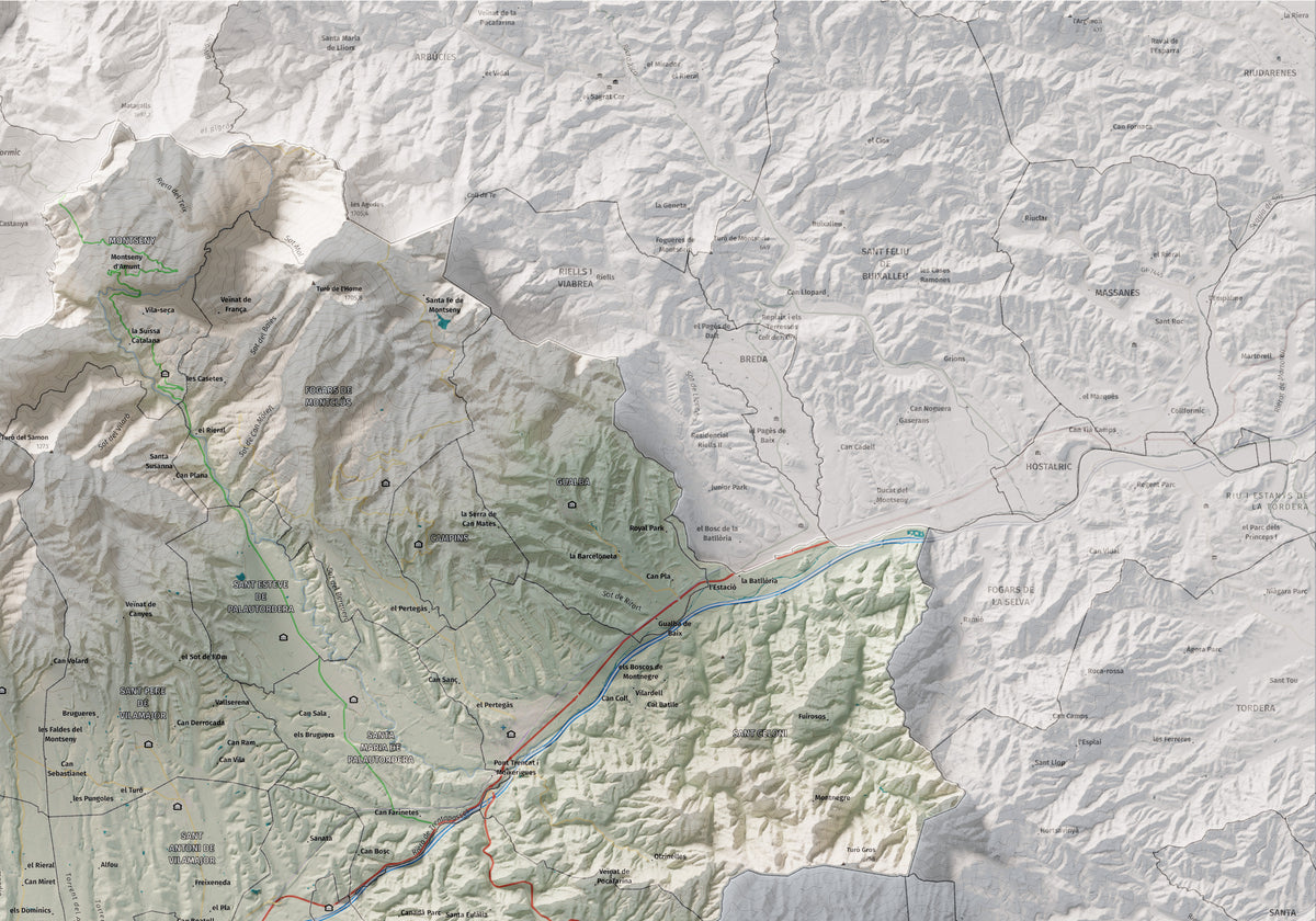 Mapa de relieve del Vallès Oriental, con el territorio en color y el entorno en blanco. Detalle de la zona superior derecha. 70 × 100 cm. Estilo Cartográfico.