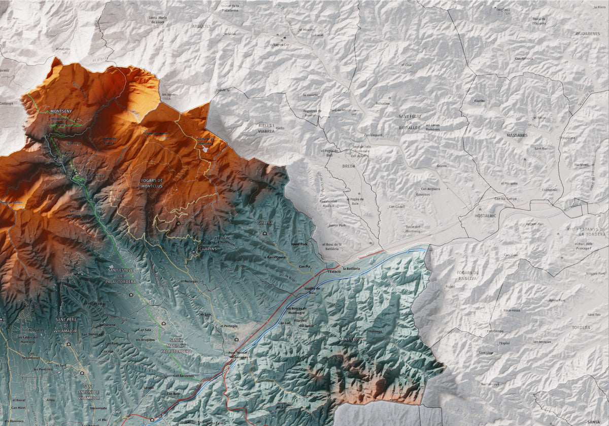 Mapa de relieve del Vallès Oriental, con el territorio en color y el entorno en blanco. Detalle de la zona superior derecha. 70 × 100 cm. Estilo Azul y naranja.