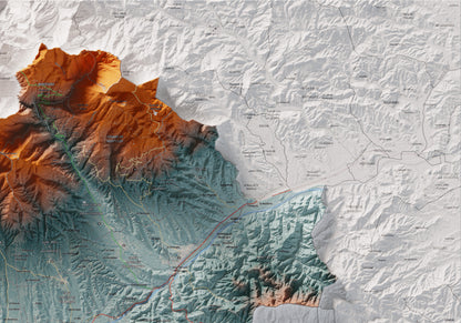 Mapa de relieve del Vallès Oriental, con el territorio en color y el entorno en blanco. Detalle de la zona superior derecha. 70 × 100 cm. Estilo Azul y naranja.