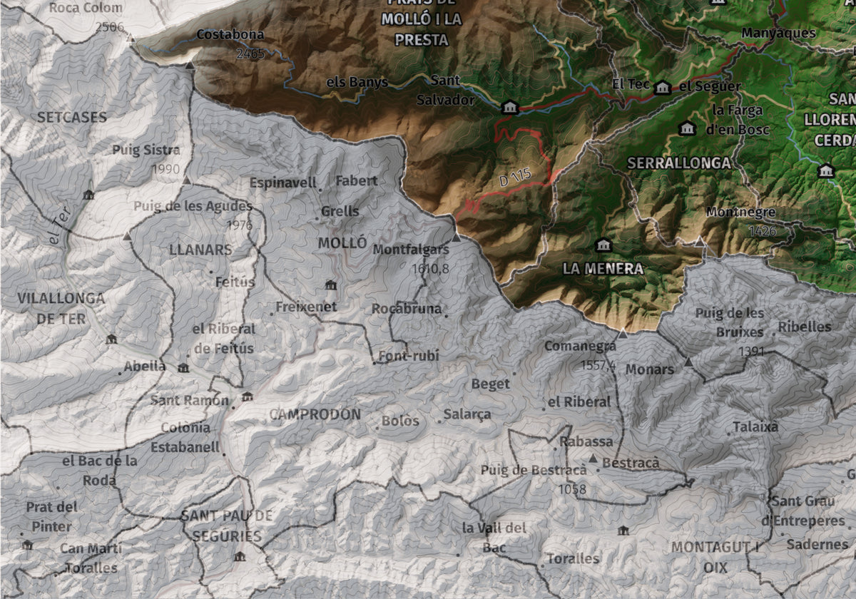 Mapa de relieve del Vallespir, con el territorio en color y el entorno en blanco. Detalle de la zona inferior izquierda. 21 × 30 cm. Estilo Clásico.