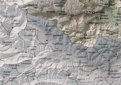 Mapa de relieve del Vallespir, con el territorio en color y el entorno en blanco. Detalle de la zona inferior izquierda. 21 × 30 cm. Estilo Cartográfico.