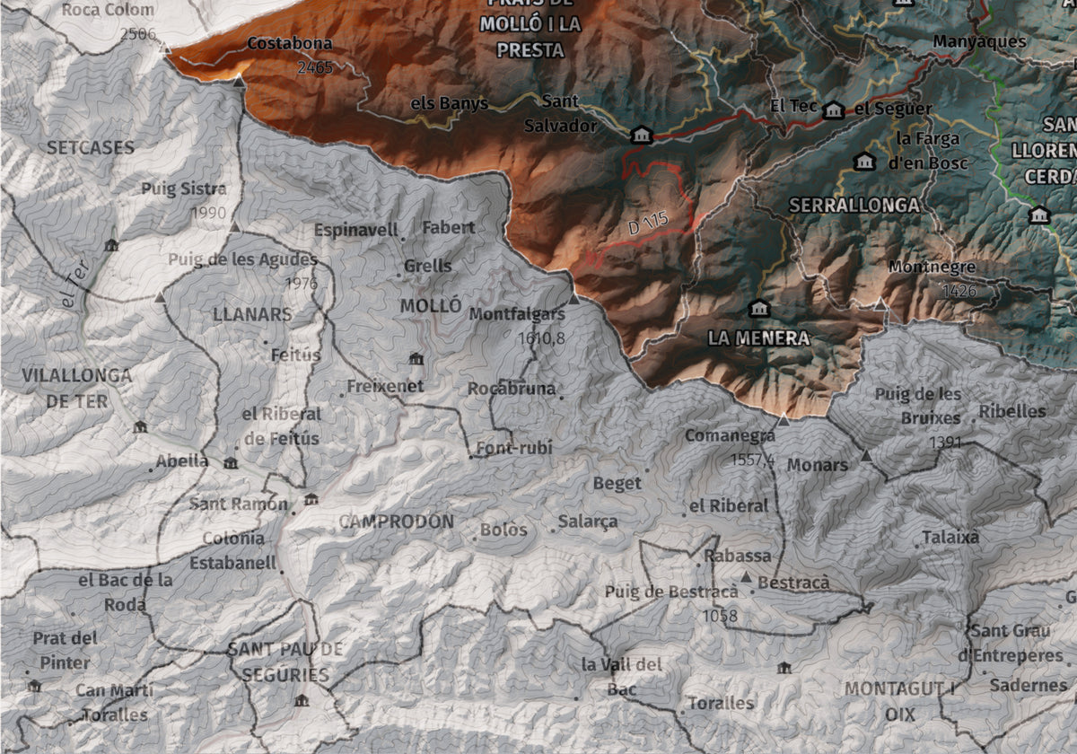Mapa de relieve del Vallespir, con el territorio en color y el entorno en blanco. Detalle de la zona inferior izquierda. 21 × 30 cm. Estilo Azul y naranja.