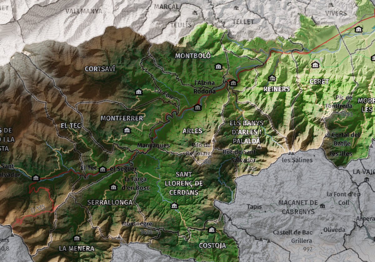 Mapa de relieve del Vallespir, con el territorio en color y el entorno en blanco. Detalle de la zona central. 21 × 30 cm. Estilo Clásico.