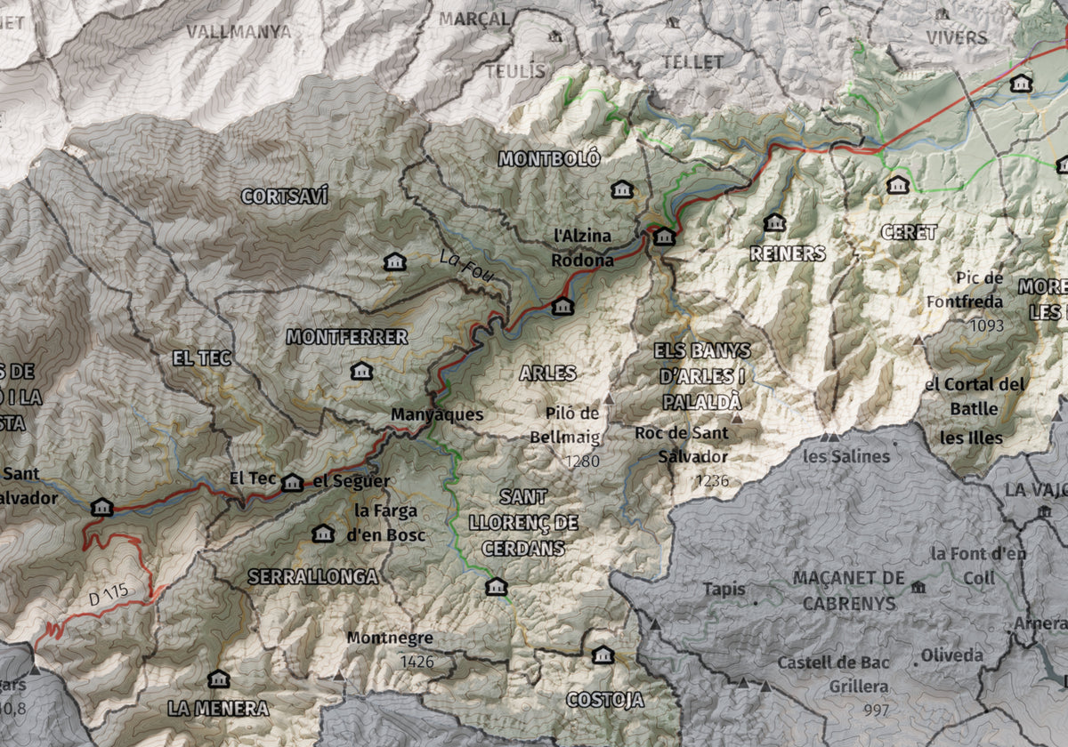 Mapa de relieve del Vallespir, con el territorio en color y el entorno en blanco. Detalle de la zona central. 21 × 30 cm. Estilo Cartográfico.