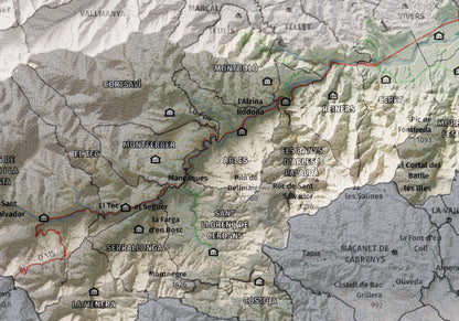 Mapa de relieve del Vallespir, con el territorio en color y el entorno en blanco. Detalle de la zona central. 21 × 30 cm. Estilo Cartográfico.