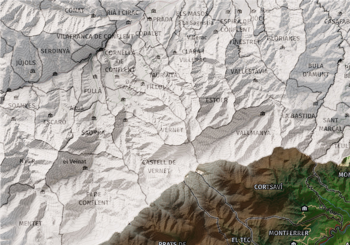 Mapa de relieve del Vallespir, con el territorio en color y el entorno en blanco. Detalle de la zona superior izquierda. 21 × 30 cm. Estilo Clásico.