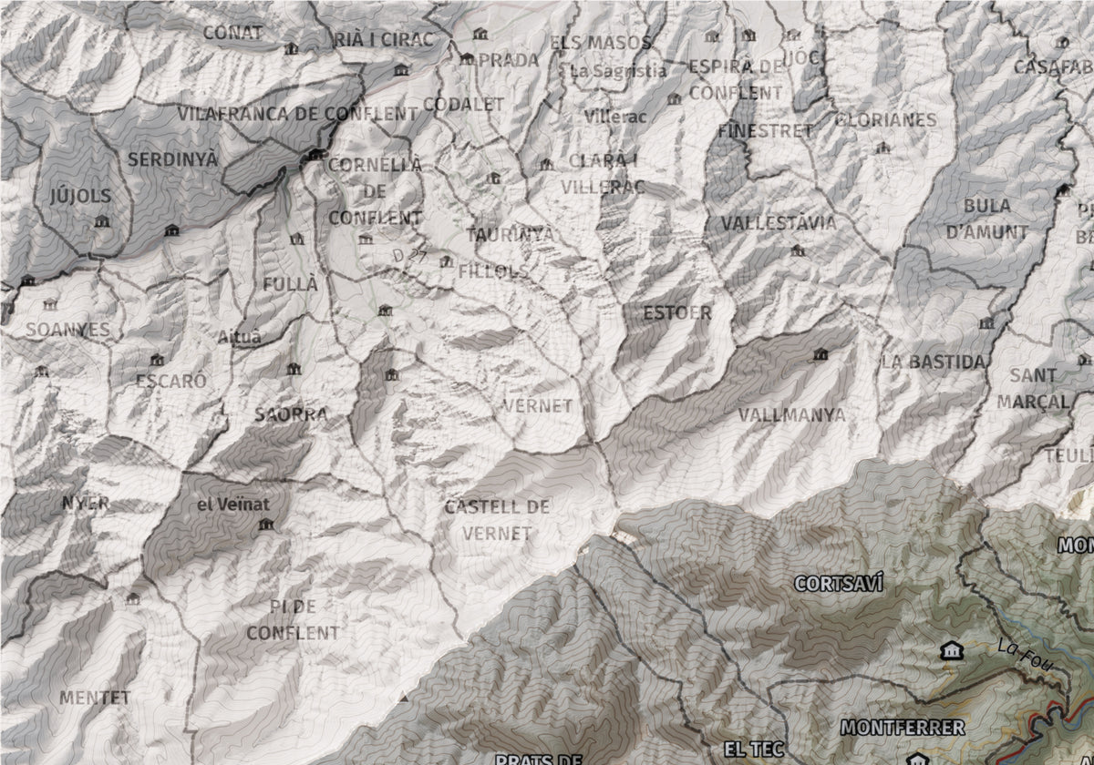 Mapa de relieve del Vallespir, con el territorio en color y el entorno en blanco. Detalle de la zona superior izquierda. 21 × 30 cm. Estilo Cartográfico.