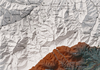 Mapa de relieve del Vallespir, con el territorio en color y el entorno en blanco. Detalle de la zona superior izquierda. 21 × 30 cm. Estilo Azul y naranja.