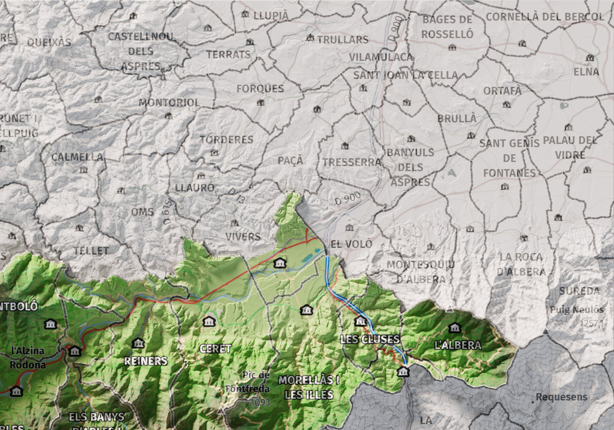 Mapa de relieve del Vallespir, con el territorio en color y el entorno en blanco. Detalle de la zona superior derecha. 21 × 30 cm. Estilo Clásico.