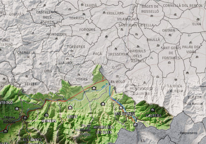 Mapa de relieve del Vallespir, con el territorio en color y el entorno en blanco. Detalle de la zona superior derecha. 21 × 30 cm. Estilo Clásico.