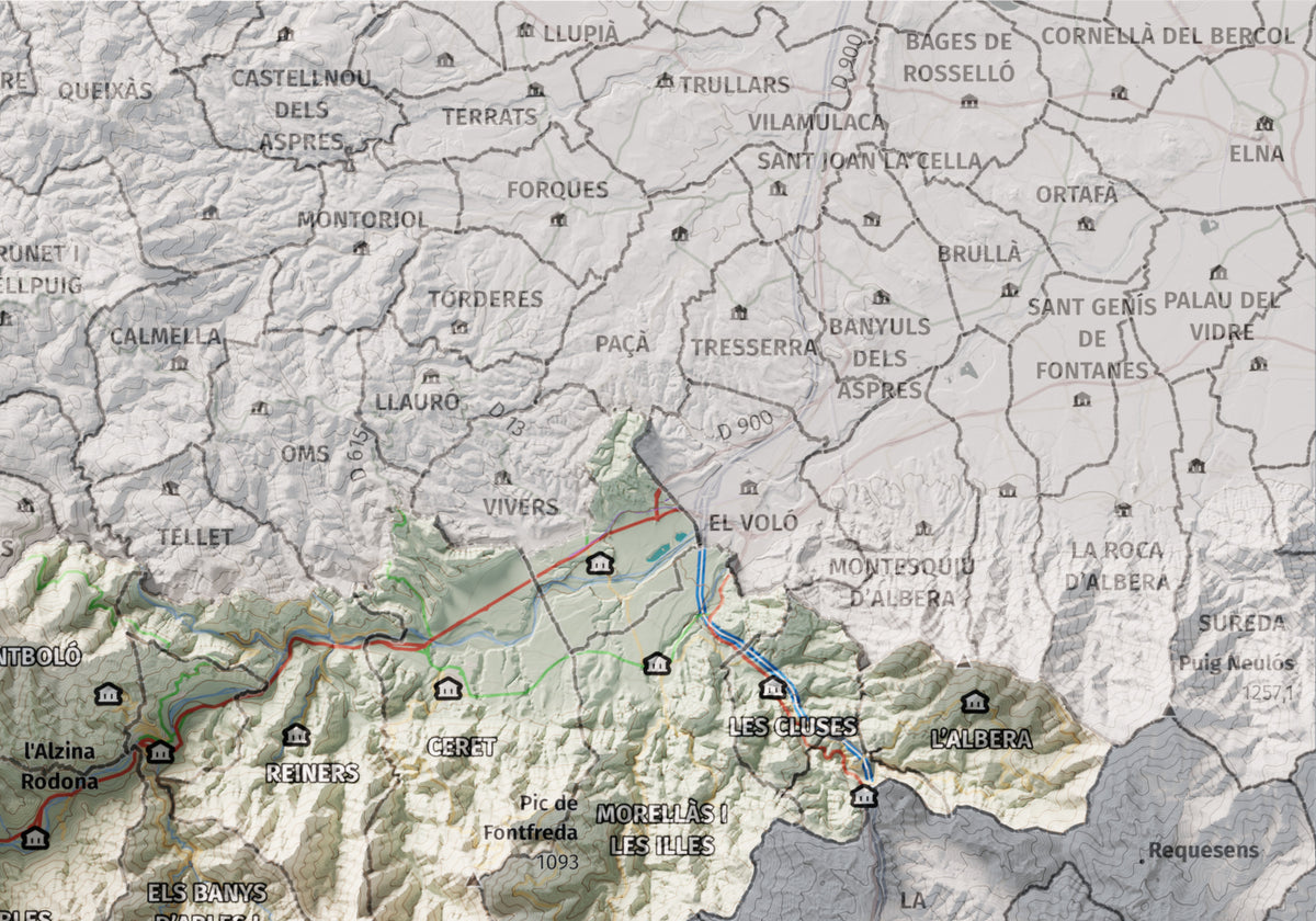 Mapa de relieve del Vallespir, con el territorio en color y el entorno en blanco. Detalle de la zona superior derecha. 21 × 30 cm. Estilo Cartográfico.