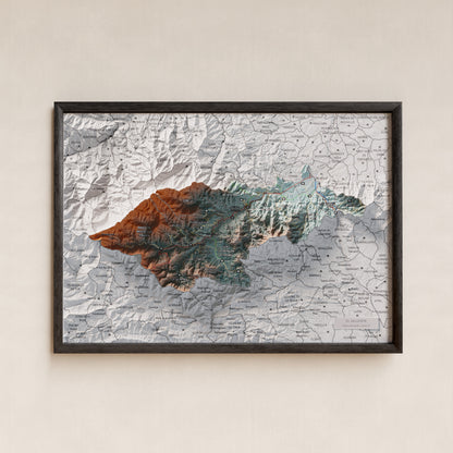Mapa de relieve del Vallespir, con el territorio en color y el entorno en blanco. Presentación con marco. 21 × 30 cm. Estilo Azul y naranja.