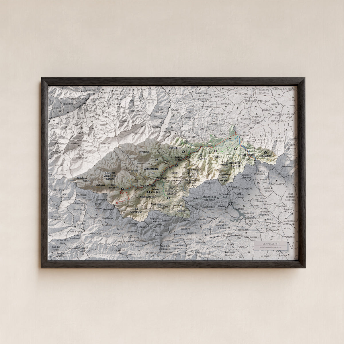 Mapa de relieve del Vallespir, con el territorio en color y el entorno en blanco. Presentación con marco. 21 × 30 cm. Estilo Cartográfico.