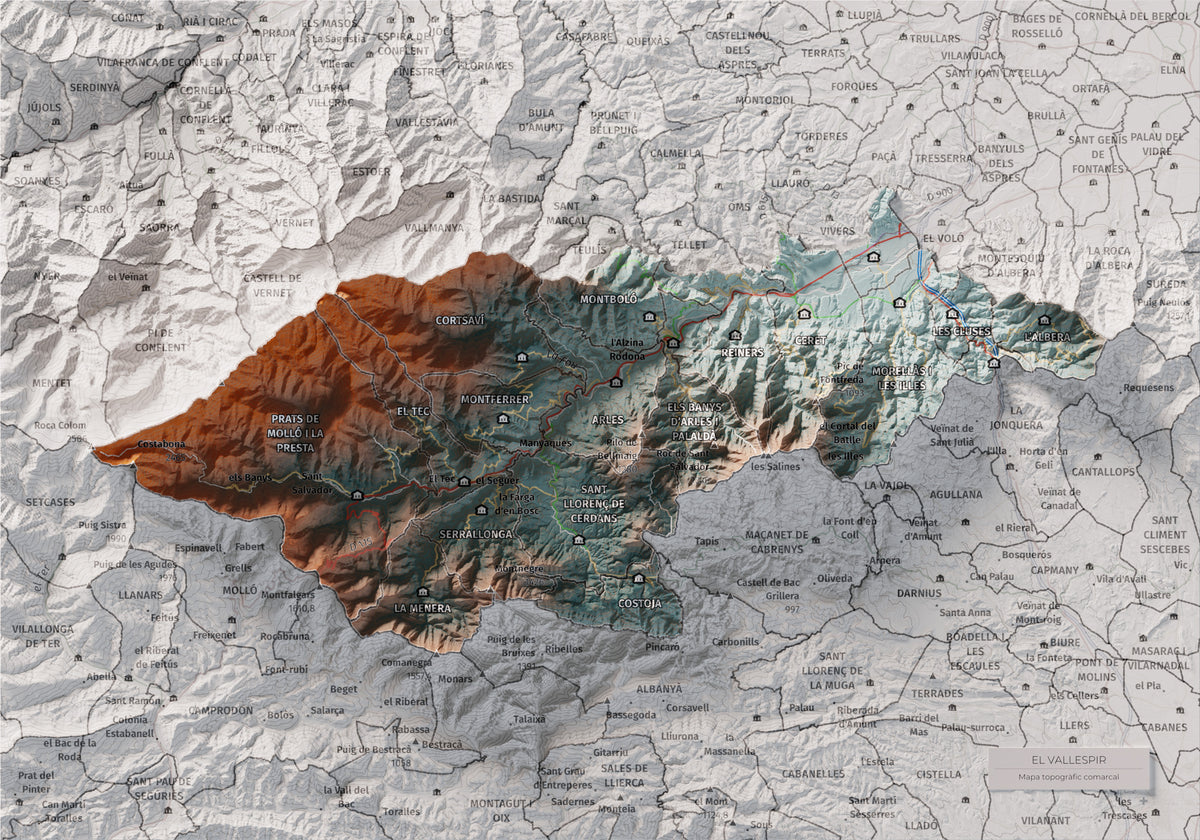 Mapa de relieve del Vallespir, con el territorio en color y el entorno en blanco. Vista completa de la lámina. 21 × 30 cm. Estilo Azul y naranja.