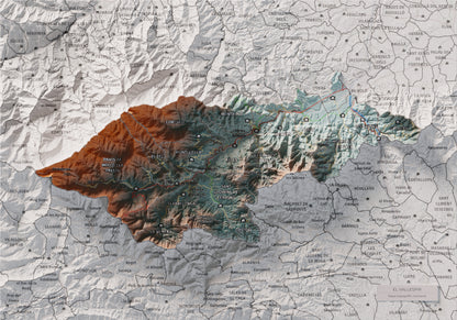 Mapa de relieve del Vallespir, con el territorio en color y el entorno en blanco. Vista completa de la lámina. 21 × 30 cm. Estilo Azul y naranja.