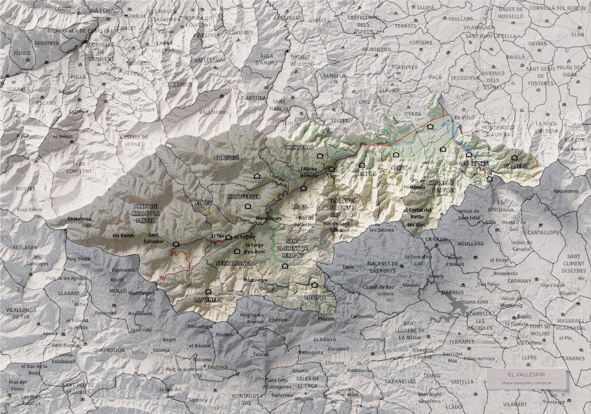 Mapa de relieve del Vallespir, con el territorio en color y el entorno en blanco. Vista completa de la lámina. 21 × 30 cm. Estilo Cartográfico.