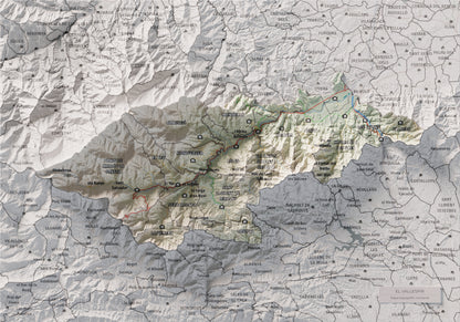 Mapa de relieve del Vallespir, con el territorio en color y el entorno en blanco. Vista completa de la lámina. 21 × 30 cm. Estilo Cartográfico.