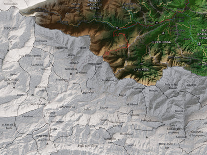Mapa de relieve del Vallespir, con el territorio en color y el entorno en blanco. Detalle de la zona inferior izquierda. 30 × 40 cm. Estilo Clásico.