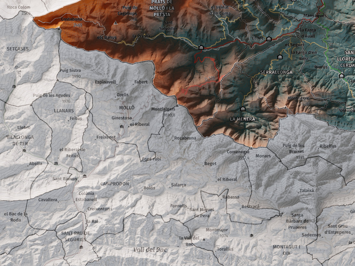 Mapa de relieve del Vallespir, con el territorio en color y el entorno en blanco. Detalle de la zona inferior izquierda. 30 × 40 cm. Estilo Azul y naranja.