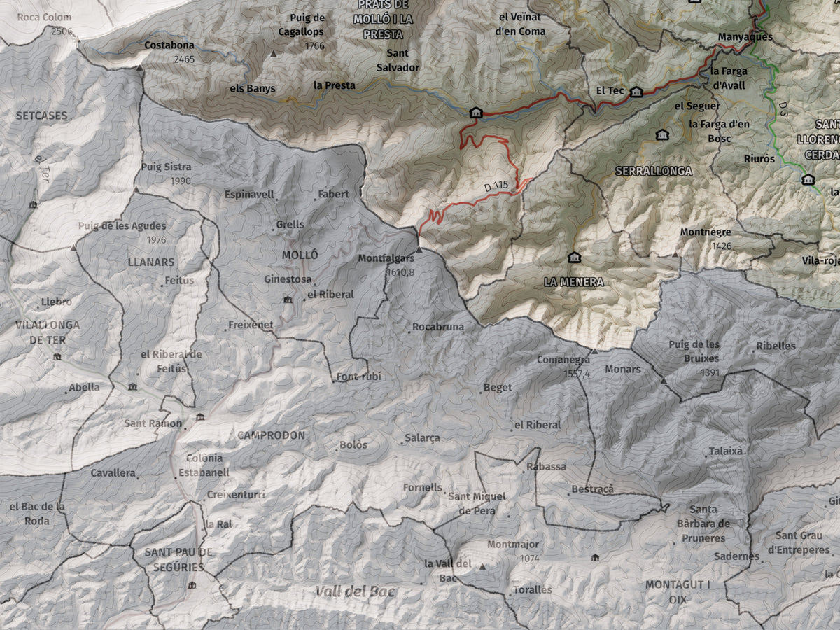 Mapa de relieve del Vallespir, con el territorio en color y el entorno en blanco. Detalle de la zona inferior izquierda. 30 × 40 cm. Estilo Cartográfico.