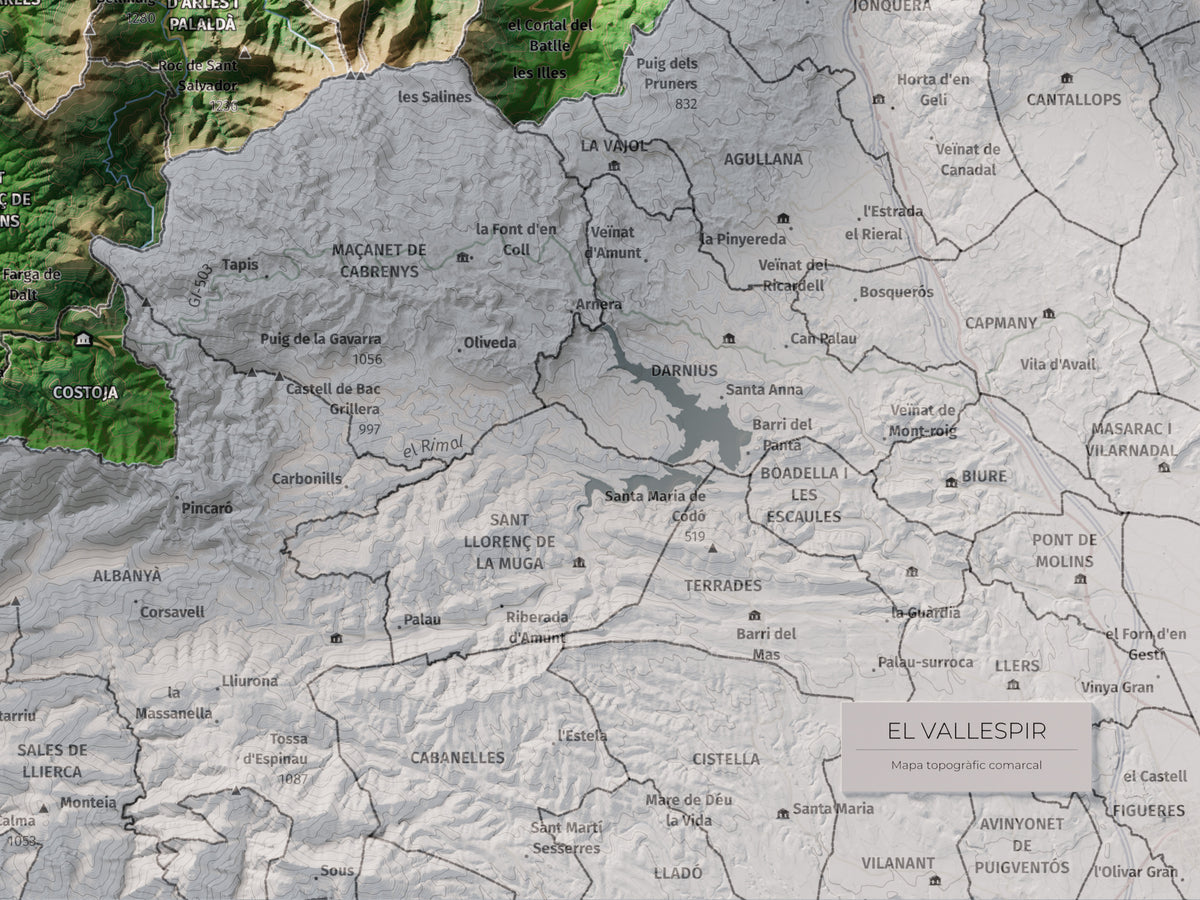 Mapa de relieve del Vallespir, con el territorio en color y el entorno en blanco. Detalle de la zona inferior derecha. 30 × 40 cm. Estilo Clásico.