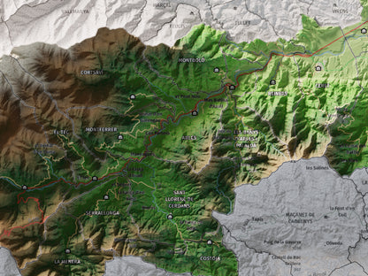 Mapa de relieve del Vallespir, con el territorio en color y el entorno en blanco. Detalle de la zona central. 30 × 40 cm. Estilo Clásico.
