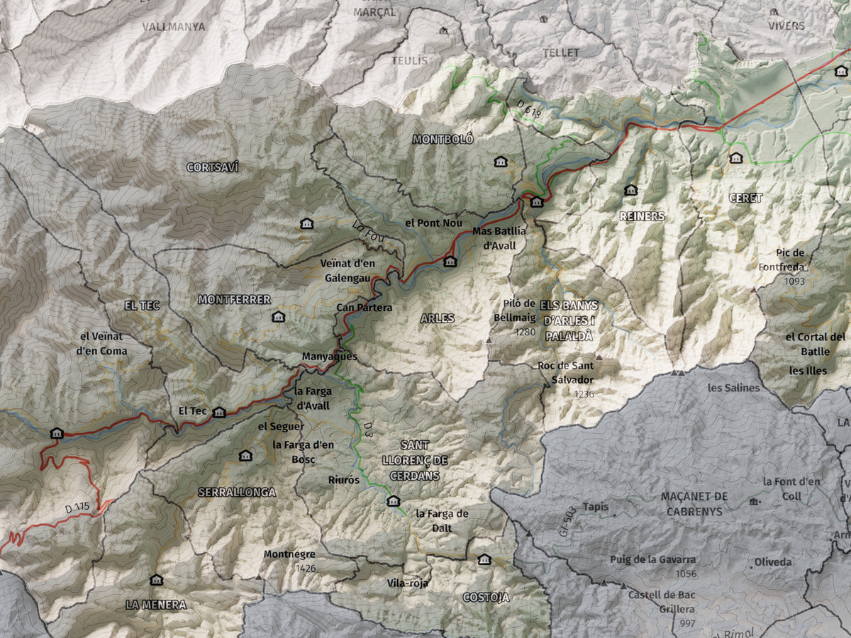 Mapa de relieve del Vallespir, con el territorio en color y el entorno en blanco. Detalle de la zona central. 30 × 40 cm. Estilo Cartográfico.