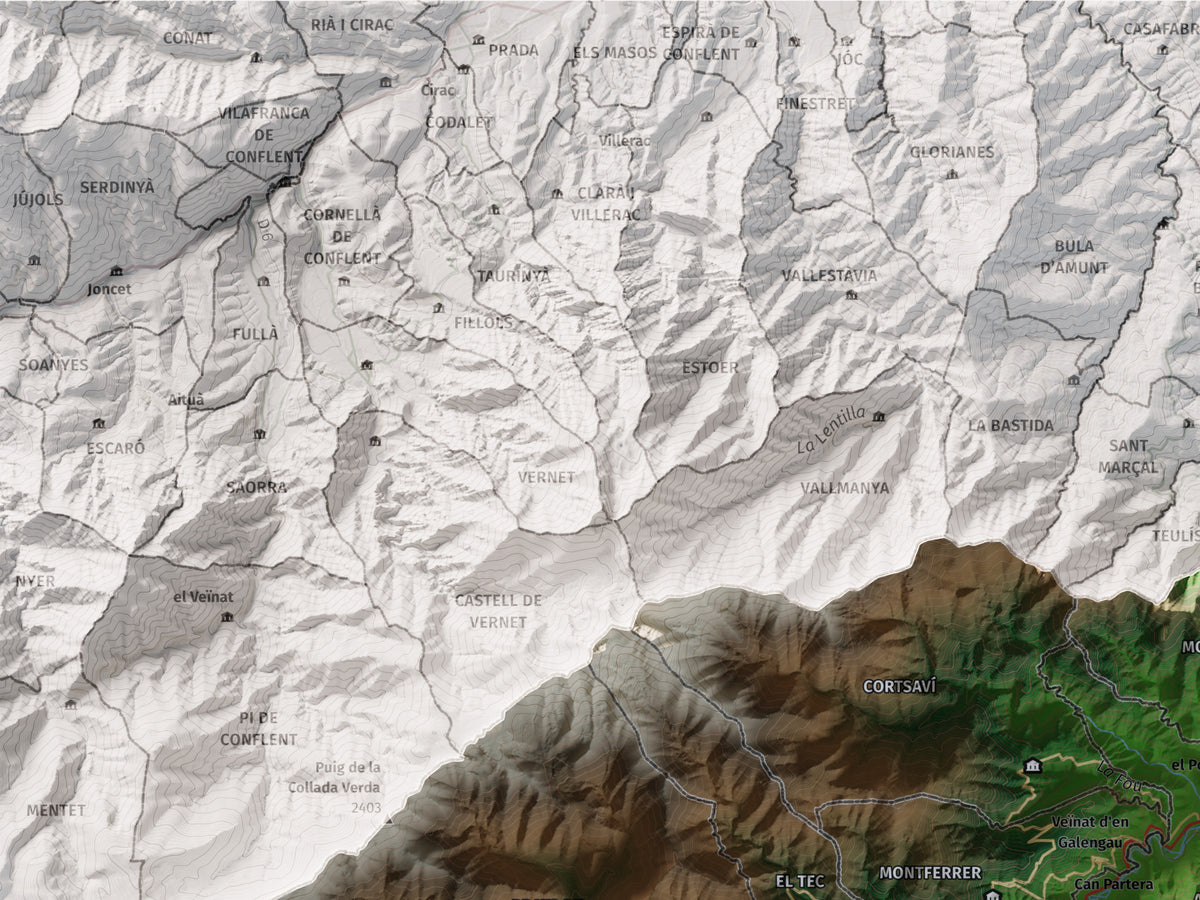 Mapa de relieve del Vallespir, con el territorio en color y el entorno en blanco. Detalle de la zona superior izquierda. 30 × 40 cm. Estilo Clásico.