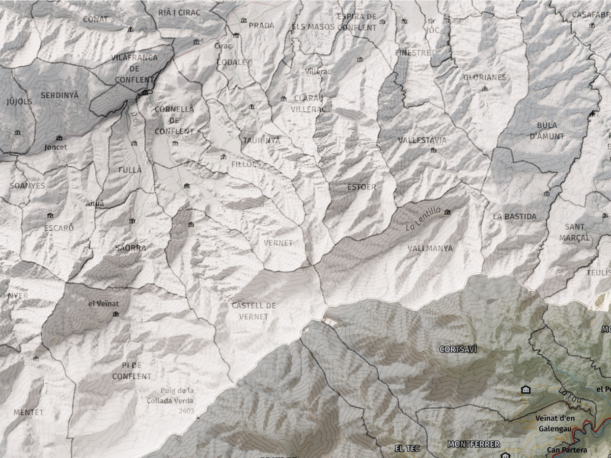 Mapa de relieve del Vallespir, con el territorio en color y el entorno en blanco. Detalle de la zona superior izquierda. 30 × 40 cm. Estilo Cartográfico.