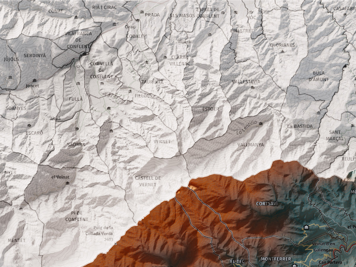 Mapa de relieve del Vallespir, con el territorio en color y el entorno en blanco. Detalle de la zona superior izquierda. 30 × 40 cm. Estilo Azul y naranja.