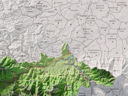 Mapa de relieve del Vallespir, con el territorio en color y el entorno en blanco. Detalle de la zona superior derecha. 30 × 40 cm. Estilo Clásico.