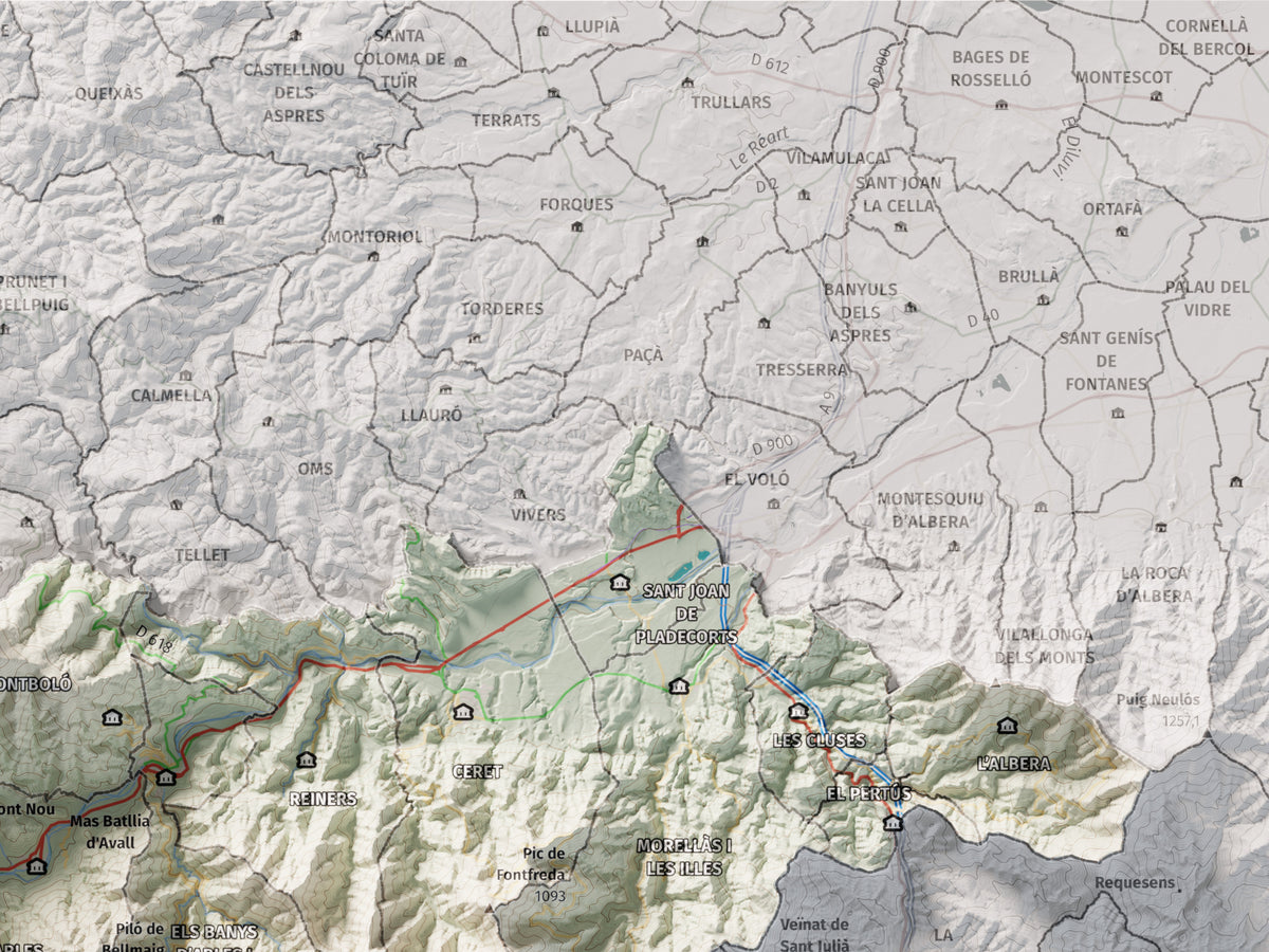 Mapa de relieve del Vallespir, con el territorio en color y el entorno en blanco. Detalle de la zona superior derecha. 30 × 40 cm. Estilo Cartográfico.