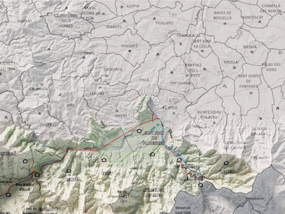 Mapa de relieve del Vallespir, con el territorio en color y el entorno en blanco. Detalle de la zona superior derecha. 30 × 40 cm. Estilo Cartográfico.