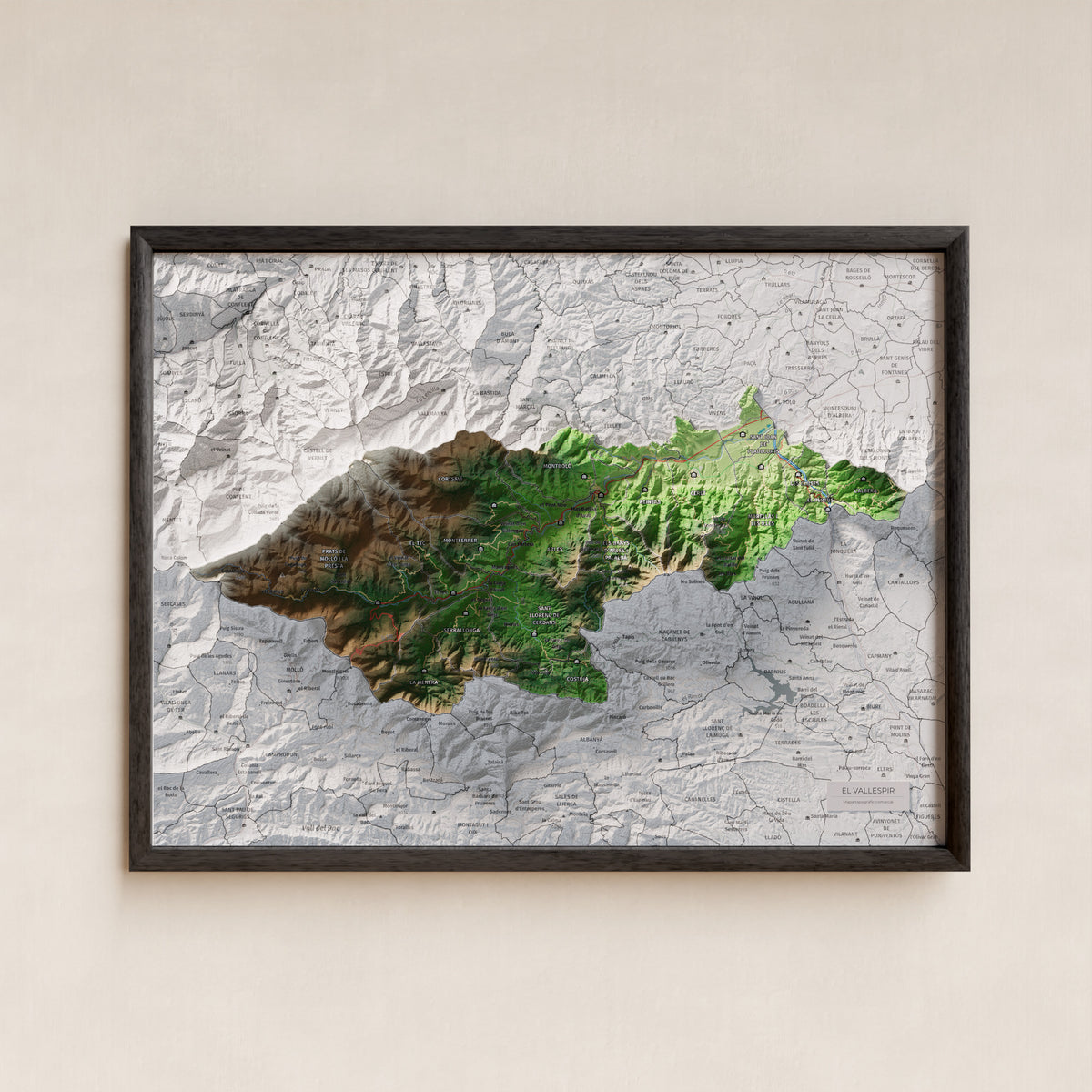Mapa de relieve del Vallespir, con el territorio en color y el entorno en blanco. Presentación con marco. 30 × 40 cm. Estilo Clásico.