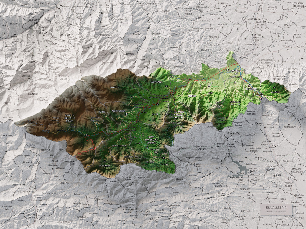 Mapa de relieve del Vallespir, con el territorio en color y el entorno en blanco. Vista completa de la lámina. 30 × 40 cm. Estilo Clásico.