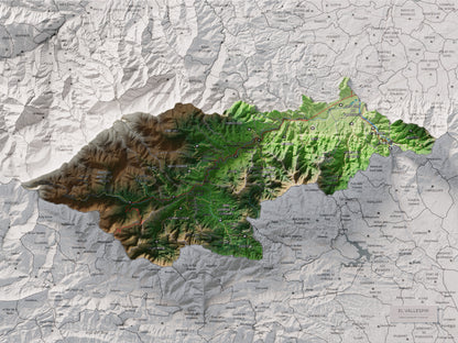 Mapa de relieve del Vallespir, con el territorio en color y el entorno en blanco. Vista completa de la lámina. 30 × 40 cm. Estilo Clásico.