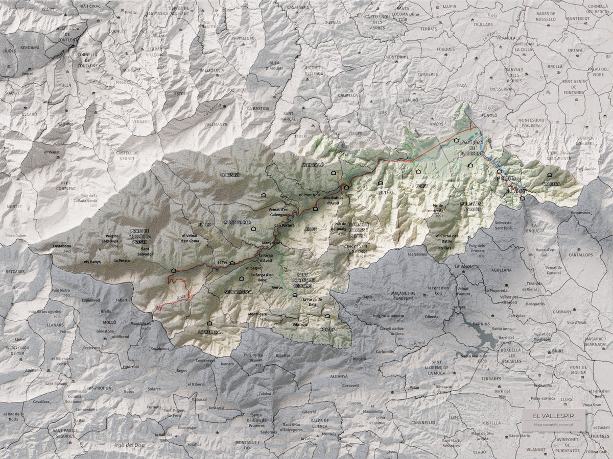 Mapa de relieve del Vallespir, con el territorio en color y el entorno en blanco. Vista completa de la lámina. 30 × 40 cm. Estilo Cartográfico.