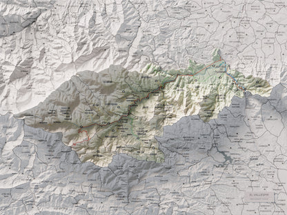 Mapa de relieve del Vallespir, con el territorio en color y el entorno en blanco. Vista completa de la lámina. 30 × 40 cm. Estilo Cartográfico.