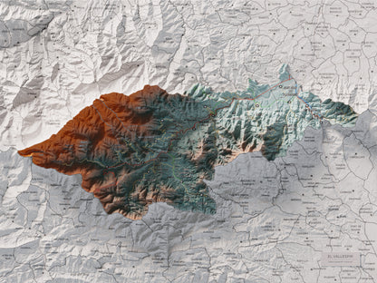 Mapa de relieve del Vallespir, con el territorio en color y el entorno en blanco. Vista completa de la lámina. 30 × 40 cm. Estilo Azul y naranja.